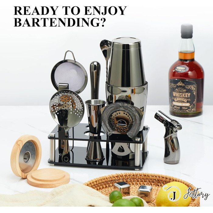 Boston Shaker Set – 10-Piece Stainless Steel Cocktail Shaker Set with Acrylic Base, Hawthorne Strainer, Ice Tongs, Bar Spoon, Jigger, Muddler – Perfect for the Home Bar (Black)