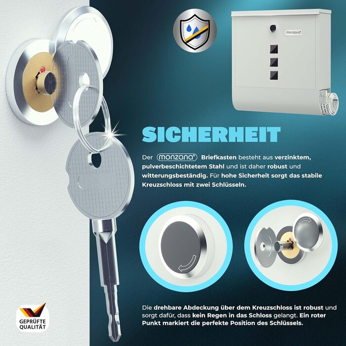 Поштовий ящик Monzana Kreuzschloss з мідним циліндром, поворотна кришка 31x10x34 см, вікно, табличка для імені, відділ для газет, сталь, 2 ключі, чорно-срібний (білий)