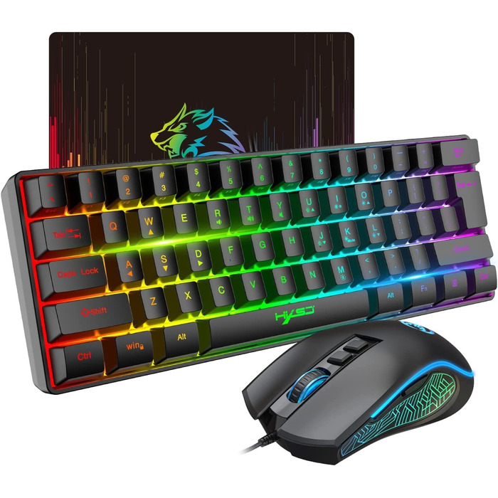 Ігровий комплект клавіатури та миші HXSJ V700: компактна клавіатура TKL з RGB-підсвічуванням та оптична миша з 7 кнопками (до 3600 DPI) для PC та Mac, чорний колір