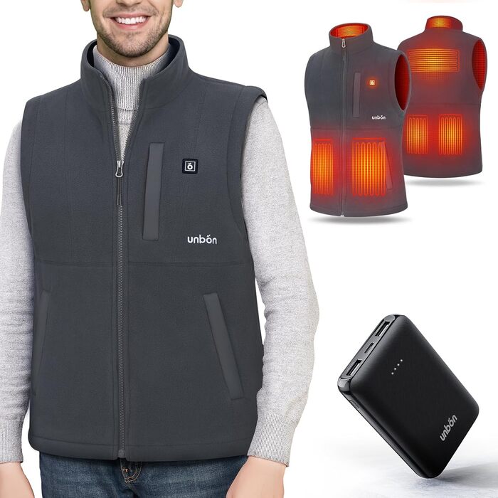 UNBON Гріюча жилетка з флісу, чоловіча жилетка з підігрівом, жилетка з Powerbank 10000mAh USB, 3 режими нагріву, 6 зон нагріву (M, сіра)