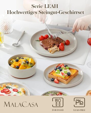 MALACASA Набір посуду з каменю 18 предметів для 6 осіб, керамічний сервіз з глазур'ю Сезам, набір тарілок та мисок, білий з коричневою основою, білий