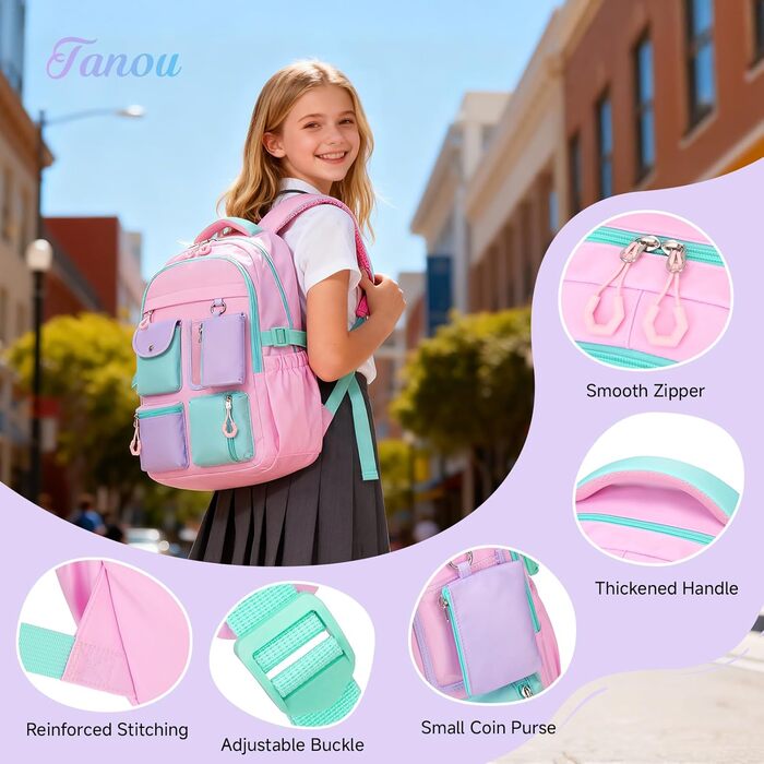 Рюкзак для дівчинки Tanou, великий шкільний рюкзак для підлітків, з тканини Оксфорд, з кількома відділеннями (рожево-зелений)