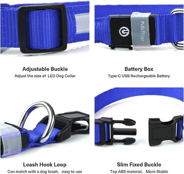 Світлодіодне нашийник для собак Leuchthalsband PcEoTllar, водонепроникний, 7 кольорів, регульований, для маленьких та великих собак, 8 режимів, синій, L (48-60 см)