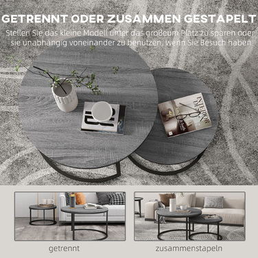 HOMCOM Round Coffee Table 2-Piece Set Stackable Side Table with Metal Frame, Living Room Table with Wood-Look Finish, Coffee Table for Living Room Bedroom Black | Aosom