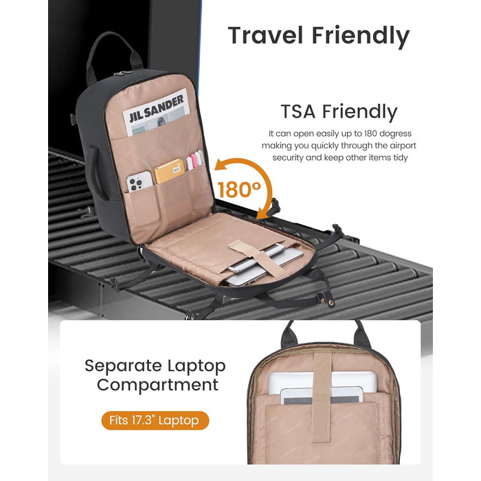 LOVEVOOK Рюкзак для ручної поклажі, жіночий, 15.6-17.3 дюйми, чорний. Водонепроникний рюкзак для подорожей, бізнесу, відпочинку. Carry-on, Cabin Luggage.