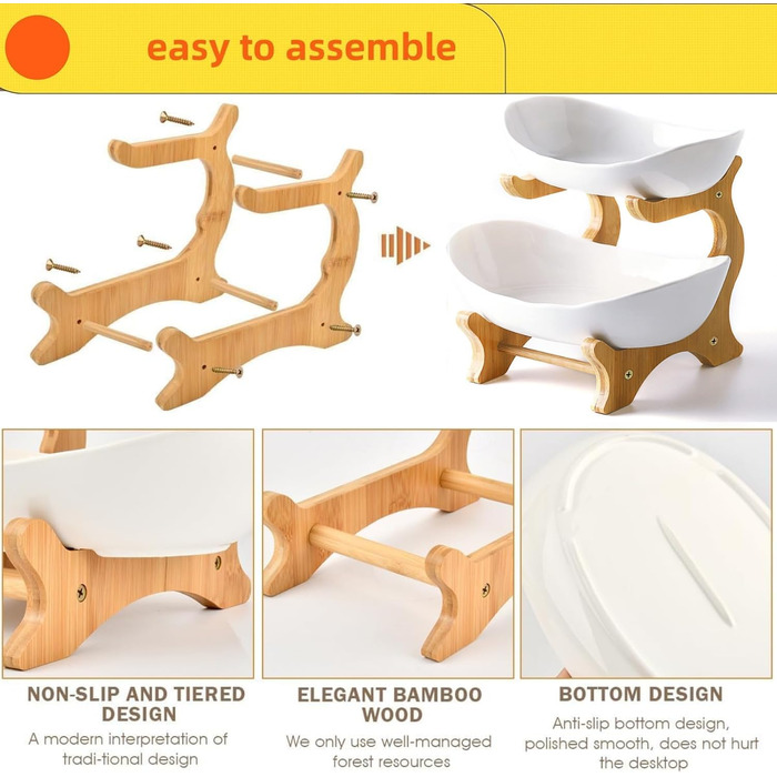 Керамічна фруктова тарілка-етажерка на 2 яруси MEESOGA з бамбуковою підставкою для кухні | Фрукти, овочі, снеки