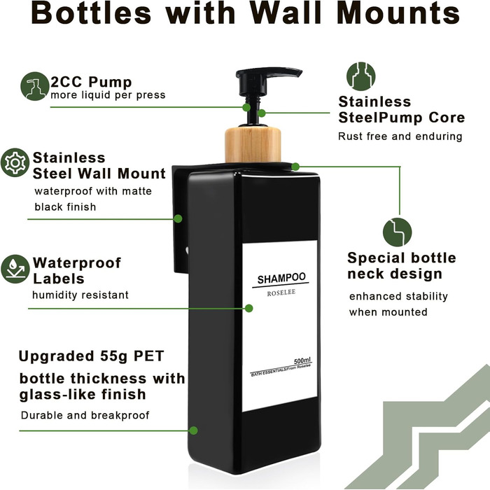 Настінний дозатор для мила Roselee (3 шт.), 500 мл - для ванної кімнати, без свердління, для шампуню, гелю для душу, з етикеткою (Чорний-3)