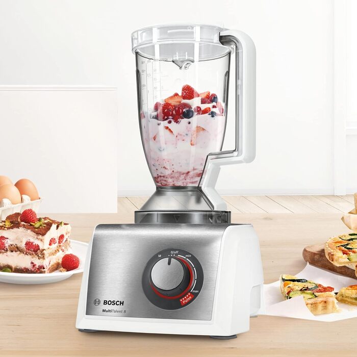 Bosch Compact Kitchen Machine MultiTalent 8 MC812S814, 45 Functions, XXL Mixing Bowl 3.9 L, Mixer 1.5 L, Universal Knife, Whisk, Slice and Grate (fine, coarse), 1250 W, white/stainless steel
