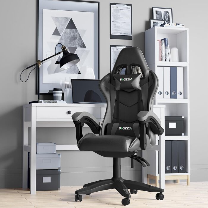 Геймерське крісло Racingreat Ergonomic для PC, підлітків та дорослих. Регульоване, з підголівником, оббите PU-шкірою, темно-сіре