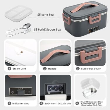 Electric Lunch Box 100W, 3-in-1 Portable Heated Lunch Box, 1.8L Stainless Steel Removable Food Container, 12V/24V/220V Insulated Food Warmer Box for Car/Truck/Office (Gray, 1.8 L)
