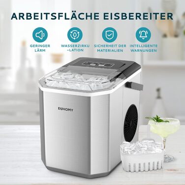 EUHOMY Ice Maker Machine - Countertop Ice Cube Maker for Home, Kitchen, Office, RV - Stainless Steel, 12kg/Day Capacity