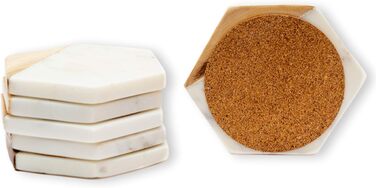 GoCraft Coasters made of marble and mango wood, handcrafted, geometric, white. Marble coasters for drinks, wine glasses, beverages, cocktails, and bar glassware. Elegant home decor (Set of 6)