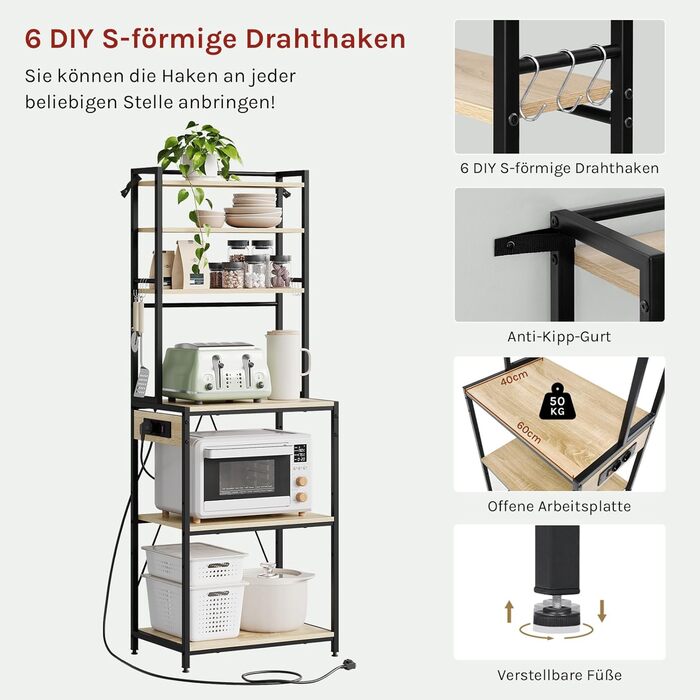 Кухонна полиця WOLTU з 6 ярусами, з розетками, для мікрохвильової печі, з металевим каркасом, регульовані полиці, Чорний+Рустикальний коричневий, 60 x 167 x 40 см