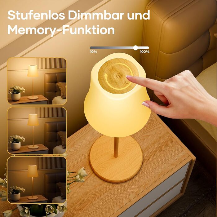 LED-лампа настільна Suright бездротова, акумуляторна з 3 кольоровими режимами та RGB, плавне регулювання яскравості, сенсорне керування, IP54 вологостійка для саду, кемпінгу, вечірки, спальні, кафе, з імітацією текстури дерева