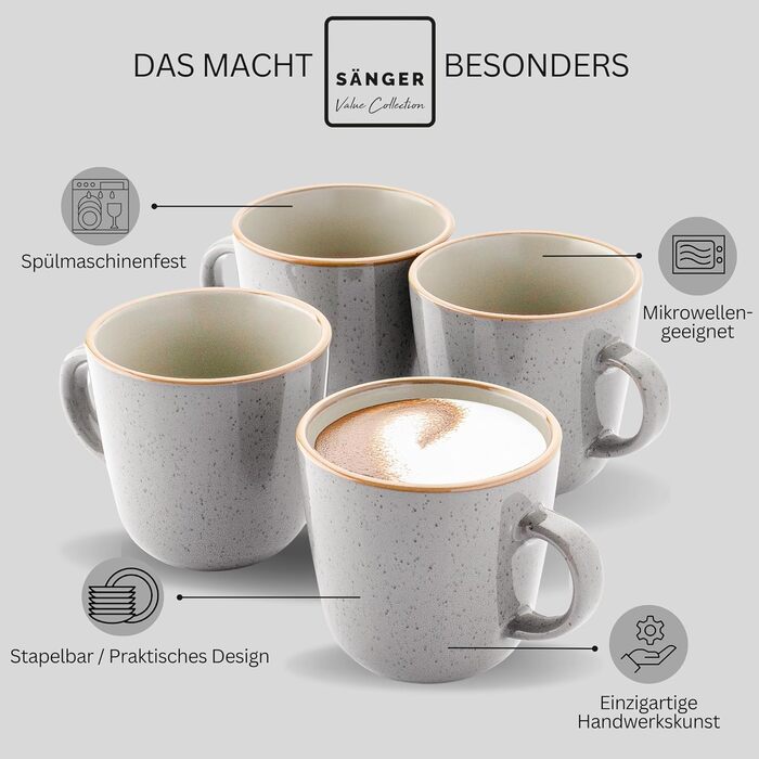 Набір чашок SÄNGER Rio Perlgrau (4 шт.) з кераміки, 430 мл, сірі, для кави та чаю, придатні для миття в посудомийній машині та використання в мікрохвильовій печі