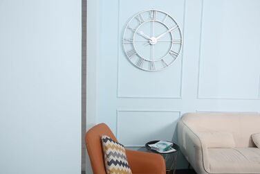 Samilito Large Wall Clock in Vintage Style, Round, Silent, Silver. Includes a FREE extra set of black clock hands. Metal clock for Loft, Living Room, Bedroom, and Kitchen decoration (Silver, 76 cm)