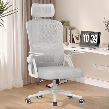 Офісний крісло Naspiro Ergonomic, регульована висота, поворотне, з дихаючою спинкою з сітки, відкидні підлокітники на 90°, підтримка попереку, щільна піна, для дому/офісу (Сірий-1, з підголовником)