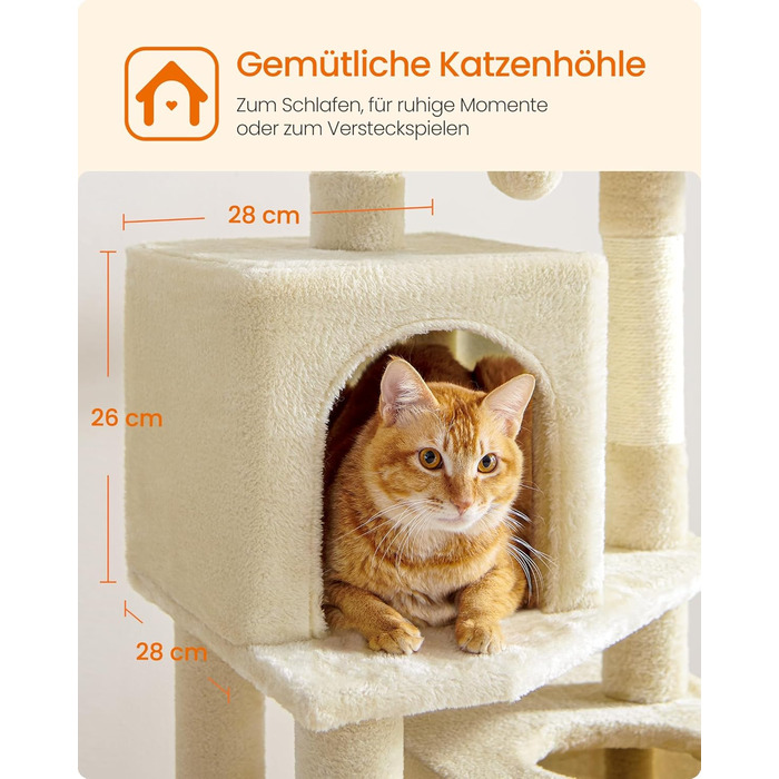 Драбина для котів Feandrea, 155 см, з 5 стовпчиками для шліфування, 2 платформами, 2 будиночками, гамаком, 2 іграшками-кульками, плюш, багатоярусна, бежева, PCT192M01