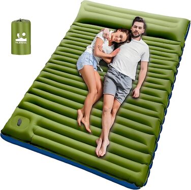 Thick Inflatable Sleeping Pad with Foot Pump and Pillow, Ultralight Camping Air Mattress for Outdoor, Hiking, Bikepacking (Green, Double)