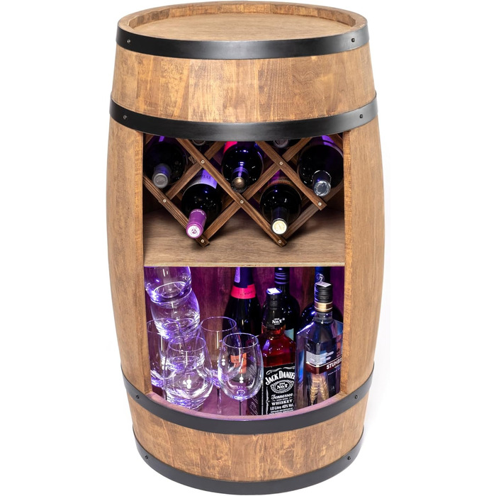 CREATIVE COOPER Fass bar LED RGB with Wine Holder - Wine Rack - Barrel Bar House Bar 80x50cm - Rustic Decor Bar Cabinet Wine Stand – Wine Cabinet (Dark Brown)