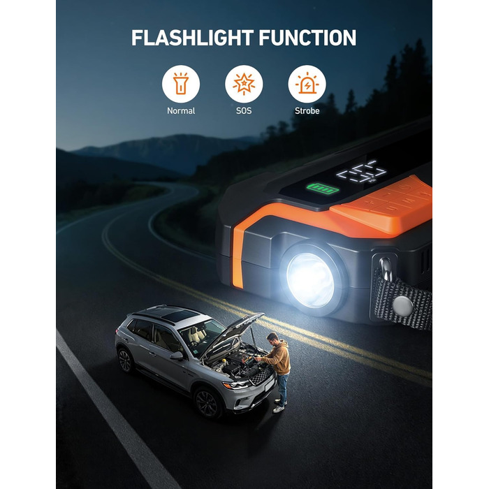 Powerbank AstroAI MF16 6000A з компресором 150PSI: старт для авто, мото, SUV (12V, 10L бензин/8L дизель), LED-дисплей, оранжевий