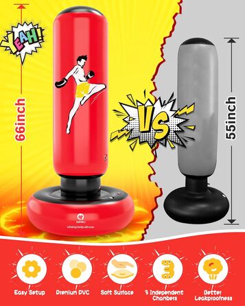 Дитячий боксерський мішок QPAU з рукавичками, 168 см, стабільний надувний боксерський мішок для дітей 6-12 років, подарунок для хлопчиків та дівчаток (Червоний)