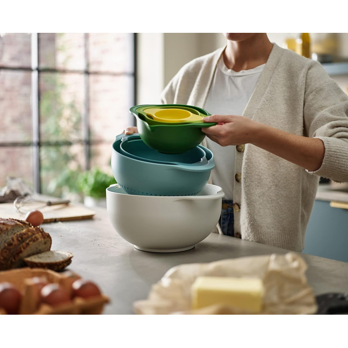 Joseph Joseph Duo 6-Piece Compact Food Preparation Set with Mixing Bowls, Measuring Cups & Sieve, Multi-Color
