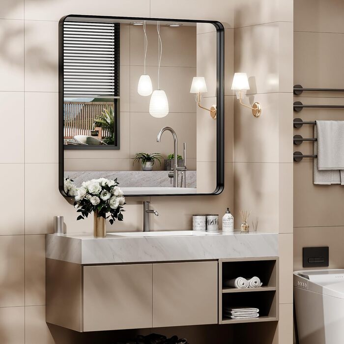 Дзеркало настінне Hasipu Schwarz, 55x60 см, глибокий рамковий прямокутний дзеркало для ванної кімнати, вітальні, коридору, чорний