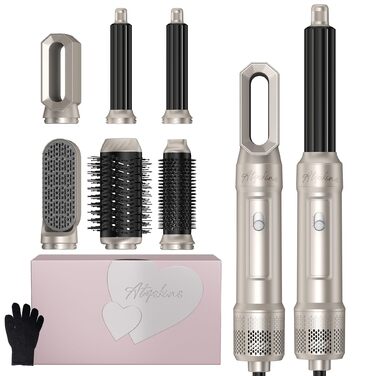 Набір для укладки волосся Atopskins 6 в 1: фен-щітка, плойка, круглі щітки, 1000W, рожевий (крем-золотий)