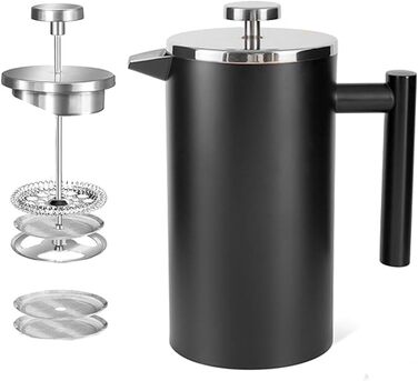 French Press Thermo with Keep-Warm Function, Coffee Maker made of double-walled stainless steel 0.65l, Replacement Filter I Coffee Press also for Home (Black, 650ml)