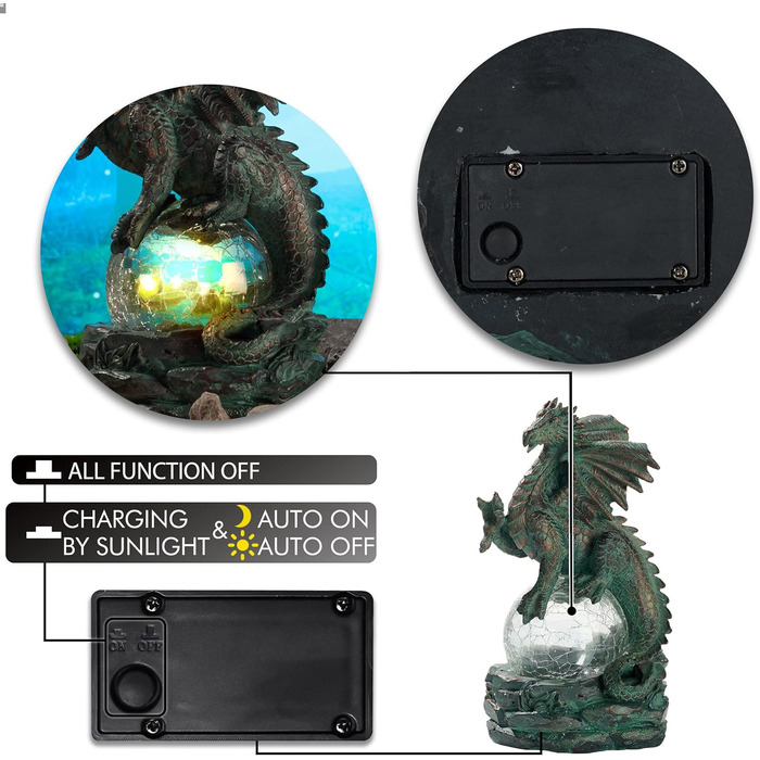 TERESA'S COLLECTIONS 22cm Garden Dragon Figurine with Solar Light, Garden Statue Solar Glass Balls Lighting Waterproof Bronze Resin Garden Figures for Outdoors, Lawn Gifts for Women