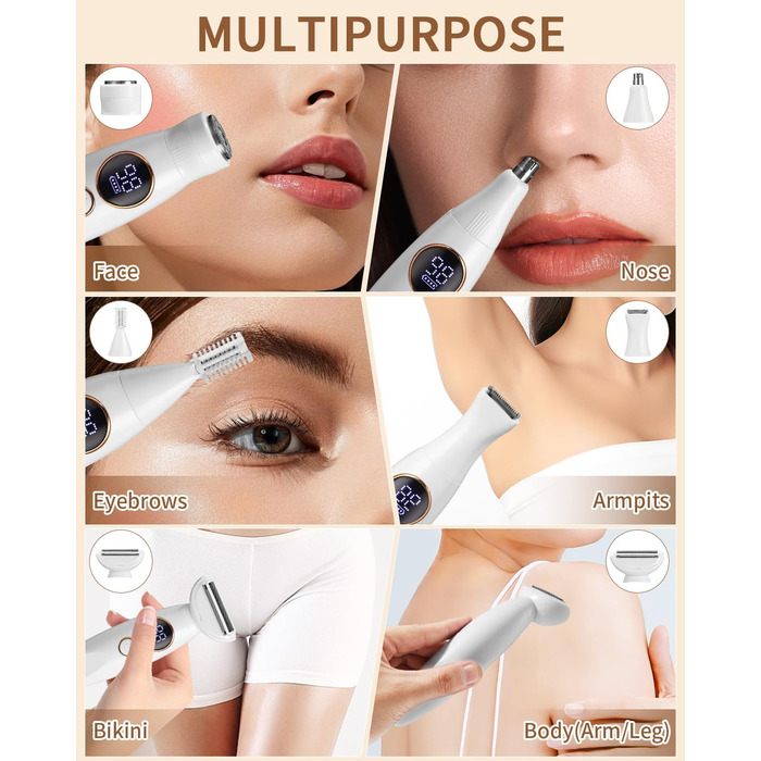 Електричний епілятор та гоління для жінок 5-в-1: тіло, зона бікіні, вусики, брови, ніс. USB-зарядка.