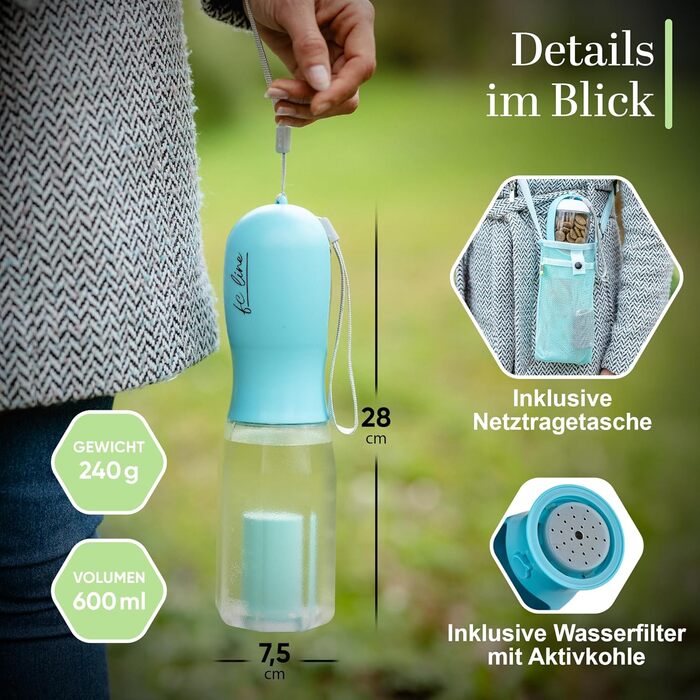 Водяна пляшка для собак на прогулянці 3-в-1 з мискою | Безпечна, BPA-free, з функцією подачі води | 600 мл, блакитна