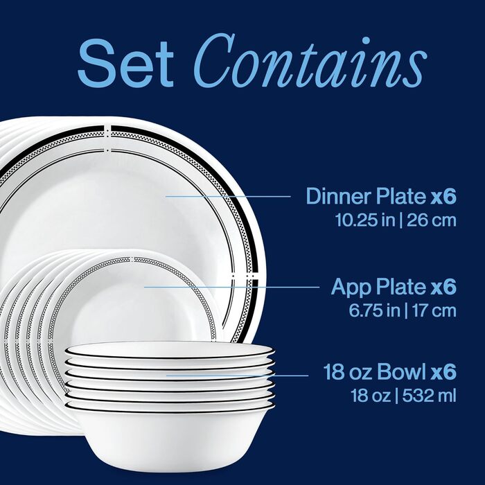 Набір посуду Corelle на 18 предметів для 6 осіб: тарілки, миски, скло Vitrelle (стійке до подряпин, мікрохвильова піч, посудомийна машина)