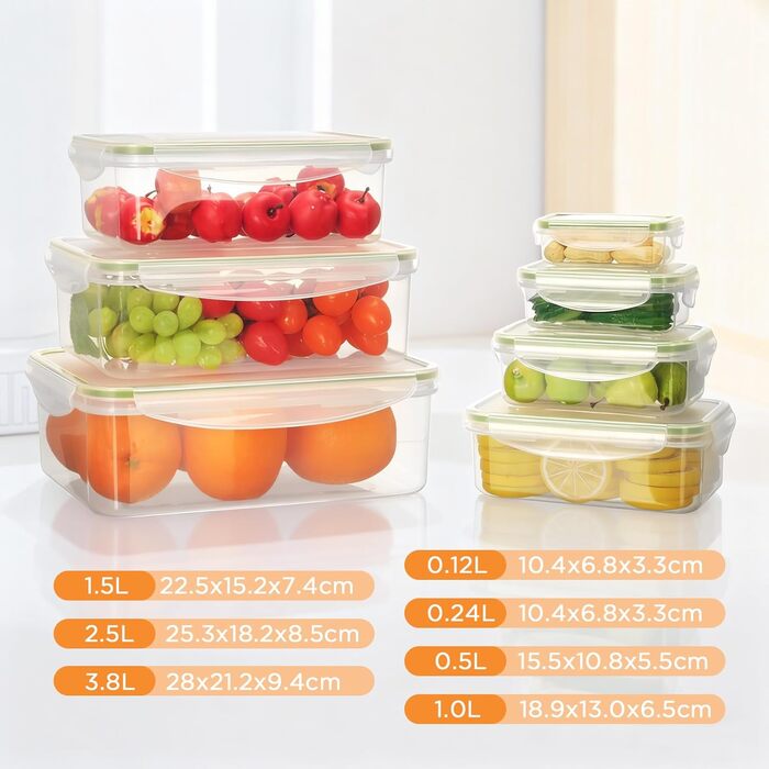 Набір контейнерів для зберігання їжі AiQInu (7шт) з кришкою, BPA-Free, PP (1.5L+1L+0.5L+0.24L+0.12L), прозорі, для холодильника та мікрохвильової печі