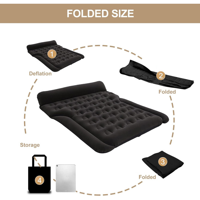 Надувний матрац для авто Vinteky з електричним насосом, 180x145 см, чорний (для кемпінгу, подорожей, SUV, універсальний)