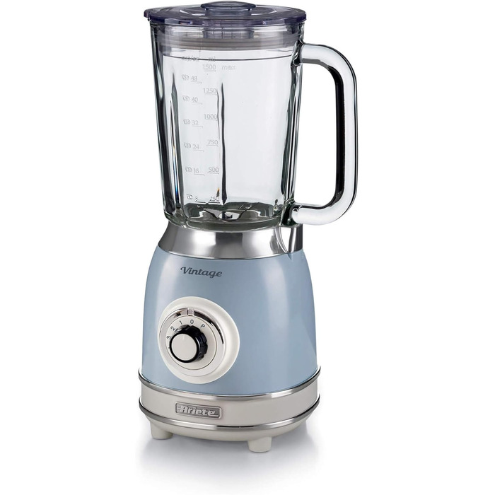 Vintage Ariete 583 Glass Mixer, Retro Multi-Function Mixer with 4 Blades, 4 Speeds + Pulse Function, Ice-Crusher Function, 1.5 Liter Capacity, 1000W, Light Blue Blue Single