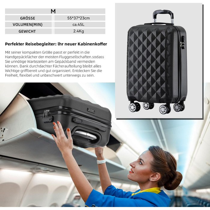 Набір валіз Beibye Zwillingsrollen 2066: чорний, M, L, XL (твердий корпус, тріо)