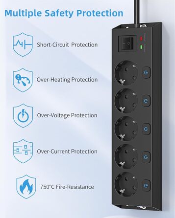 Мережевий фільтр Steckdoseleiste 5-fach з вимикачами, захистом від перенапруги 1050J, для дому та офісу, 2м кабель (чорний)