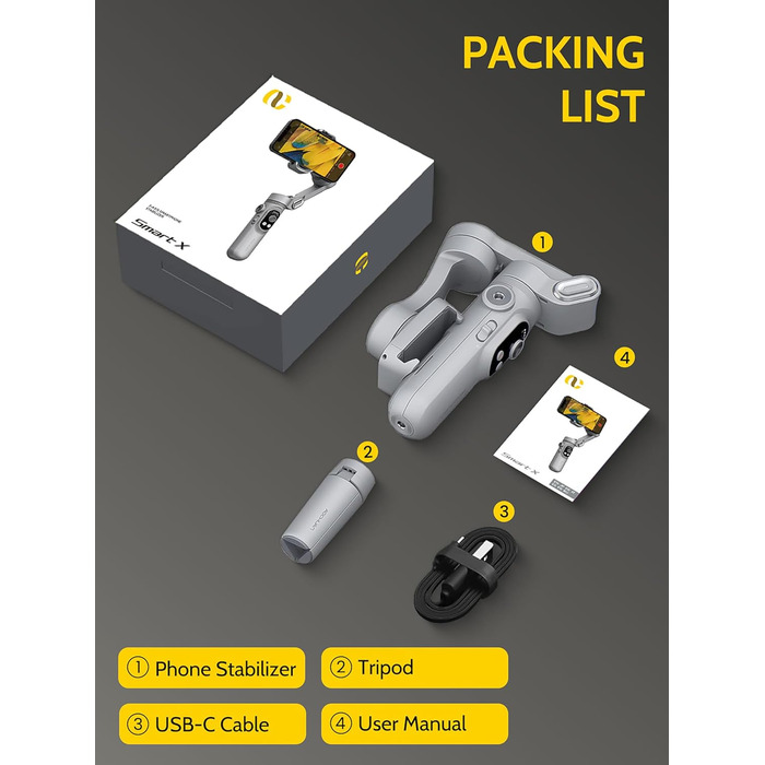 Стабілізатор для смартфона AOCHUAN з 3 осями, з функцією розпізнавання облич, вбудованим світлом, 1/4