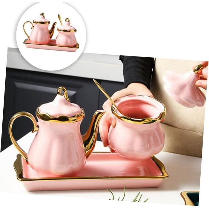 Ceramic Milk Pitcher and Sugar Bowl Set, Sugar Container, Milk Canister with Tray, Spice Jar with Lid and Spoon, Creamer, Coffee Service Set for Home, Cafe, Bar (Pink)