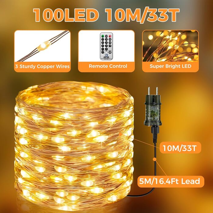 Льо́дкова́ гірлянда́ BTfarm 10 метрів, 200 LED, тепле біле світло, з пультом, для дому та саду, вологостійка, 8 режимів, таймер, для декору на Різдво, вечірку, весілля