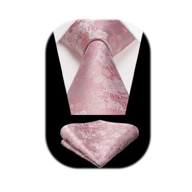 Краватка чоловіча HISDERN 160 см з кишеньковим хустинкою. Шовкова краватка для весілля та ділових зустрічей. Елегантний дизайн (E Рожеві квіти)