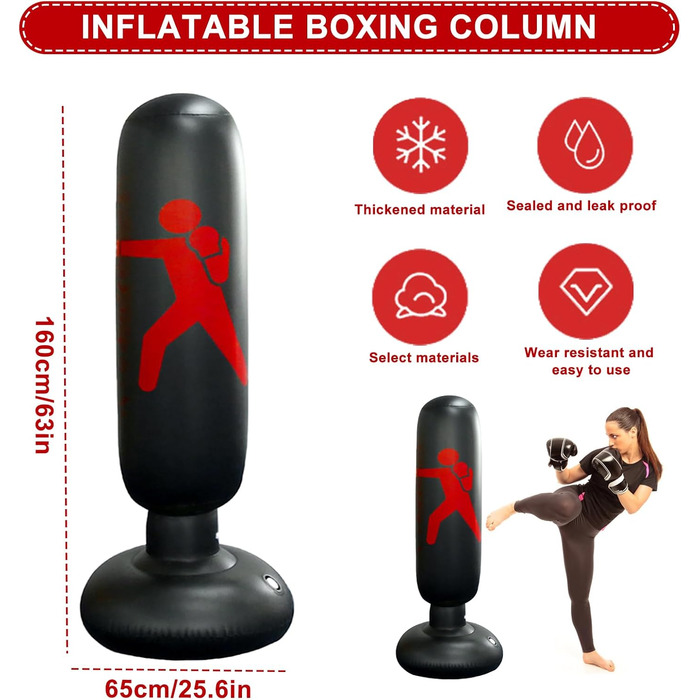Надувний боксерський мішок для дітей 160 см, рукавиці та насос - для занять боксом, карате в приміщенні та на вулиці, чорний