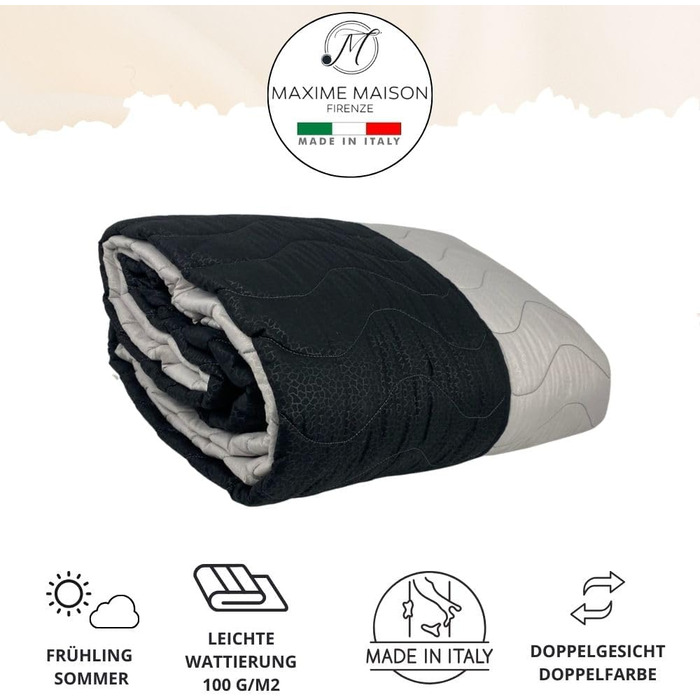 Тagesdecke 240x260 см Чорний/Сірий: двостороння постільна ковдра для дволіжка, стегане покривало з мікрофібри, Made in Italy