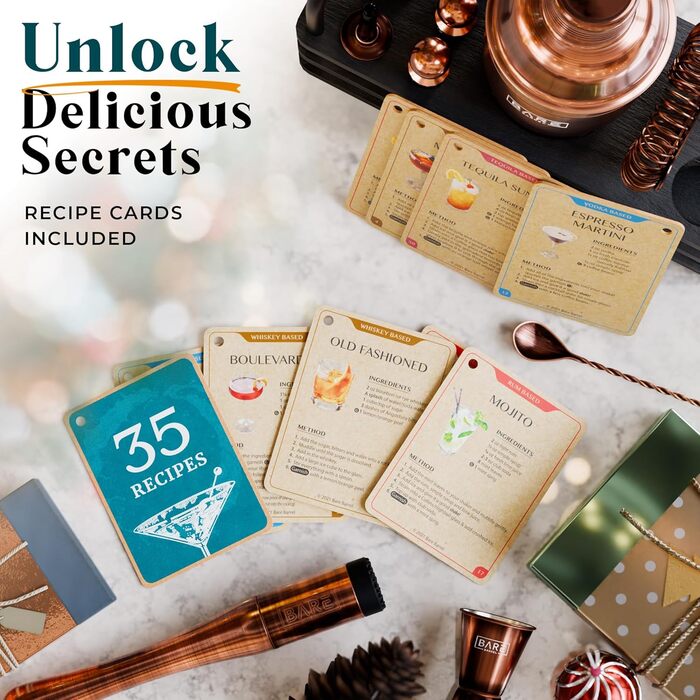 Набір бармена BARE BARREL® з 14 предметів: шейкер, аксесуари для приготування коктейлів, шейкер Cobbler 24oz, 35 рецептів, подарунковий набір