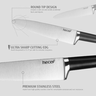 Набір ножів Hecef з підставкою 7 предметів, чорний – кухонні ножі з кованого нержавіючого сталевого леза, повний ергономічний руків'я з подвійним болстером, ергономічний дизайн, нагорода Red Dot Design Award, економія місця, ідеальний подарунок для кухні