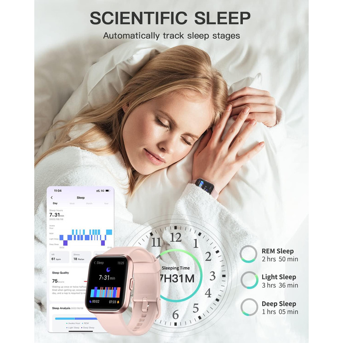 Розумний годинник для жінок з функцією телефону, 1.7' сенсорний екран, крокомір, пульсометр, моніторинг сну, SpO2, нагадування WhatsApp, IP68 водонепроникність, фітнес-трекер, рожевий