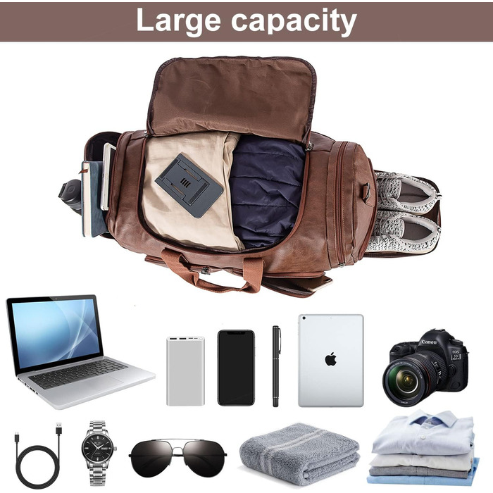 Duffle bag with shoe bag, overnight bag, leather oversized weekend bag, large carry-on bag, duffel bag for women and men ([H]brown)