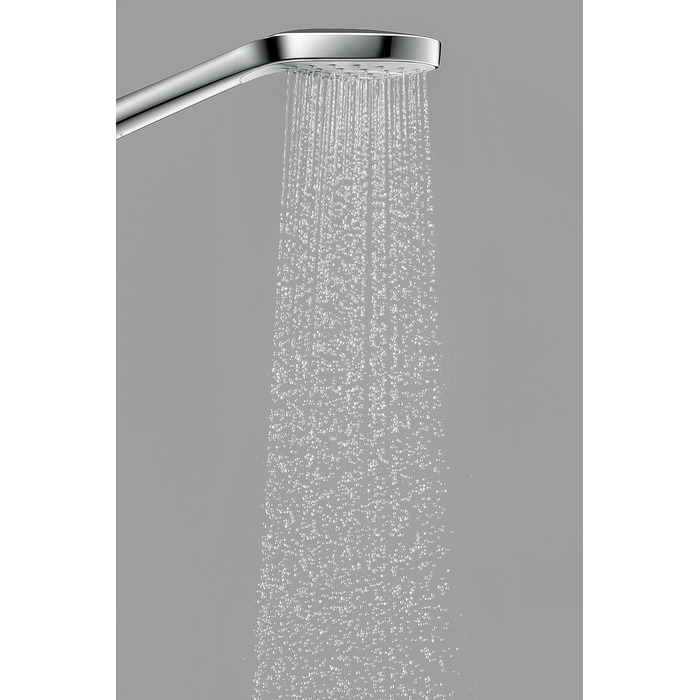 hansgrohe Croma Select E - water-saving showerhead 9 l/min (EcoSmart), hand shower with 3 spray patterns, square shower head (110 x 110 mm), showerhead with water-saving function and anti-limescale feature, White/Chrome (1 spray pattern)
